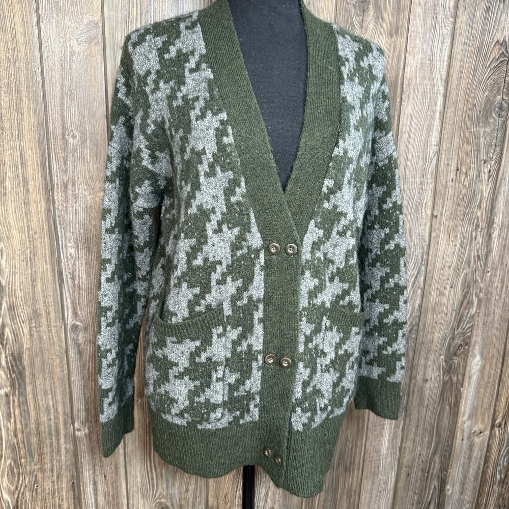 Madewell Allston Sweater Cardigan Womens S Oversized Houndstooth Green Gray - Picture 3 of 13